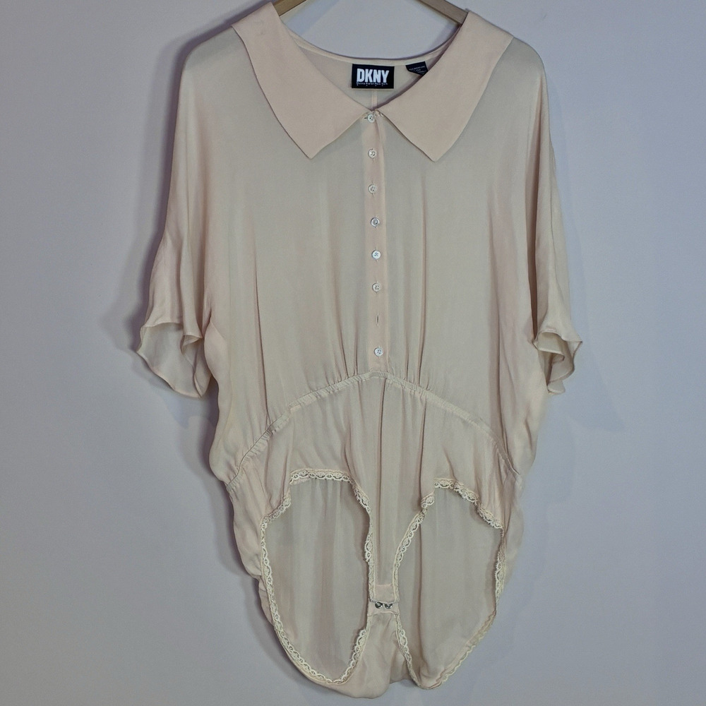 Vintage Donna Karan Bodysuit Silk Short Sleeve Sheer Light Pink Size 12